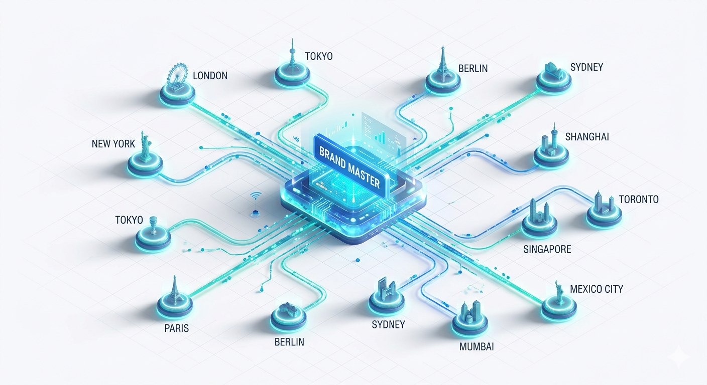 Essential Features Every Multi-Location Business Website Needs 3 Diagram of a multi-location website architecture showing centralized hub-and-spoke control for franchise brands.