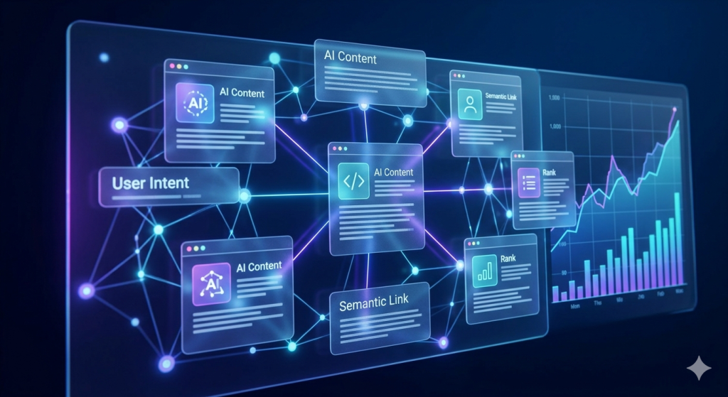 Two Exciting Google Updates That Could Change How Businesses Measure SEO Success 2 A glowing holographic interface displaying web performance data inside an abstract AI neural network background, illustrating Google Search Console's tracking of AI Overviews and AI Mode.
