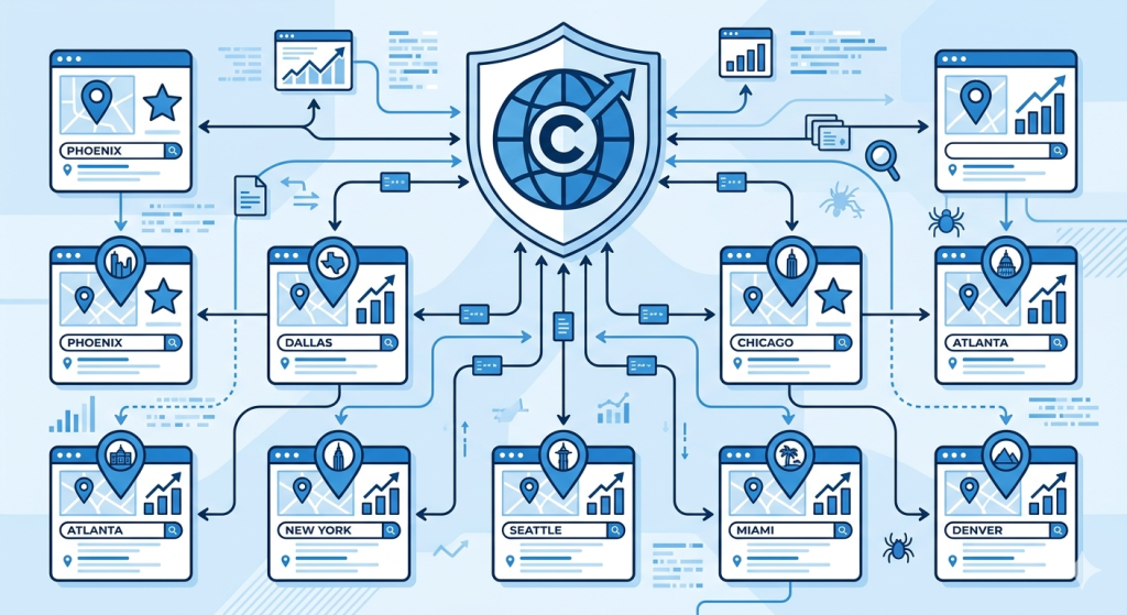 Local SEO for Franchise Unit Websites: Best Practices 6 Hub-and-spoke diagram showing franchise local SEO architecture with a central corporate domain connecting to individual location pages with local search ranking signals.