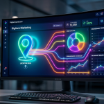 A 3D stylized digital marketing dashboard on a computer screen visually connecting a local map pin to analytics charts, representing the integration of Google Business Profile data into Google Analytics.
