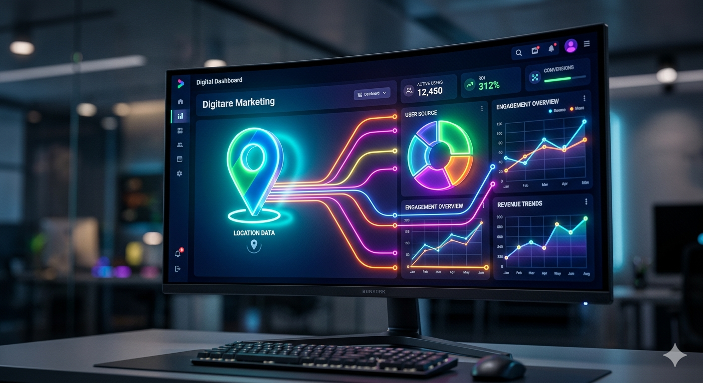 Two Exciting Google Updates That Could Change How Businesses Measure SEO Success 1 A 3D stylized digital marketing dashboard on a computer screen visually connecting a local map pin to analytics charts, representing the integration of Google Business Profile data into Google Analytics.