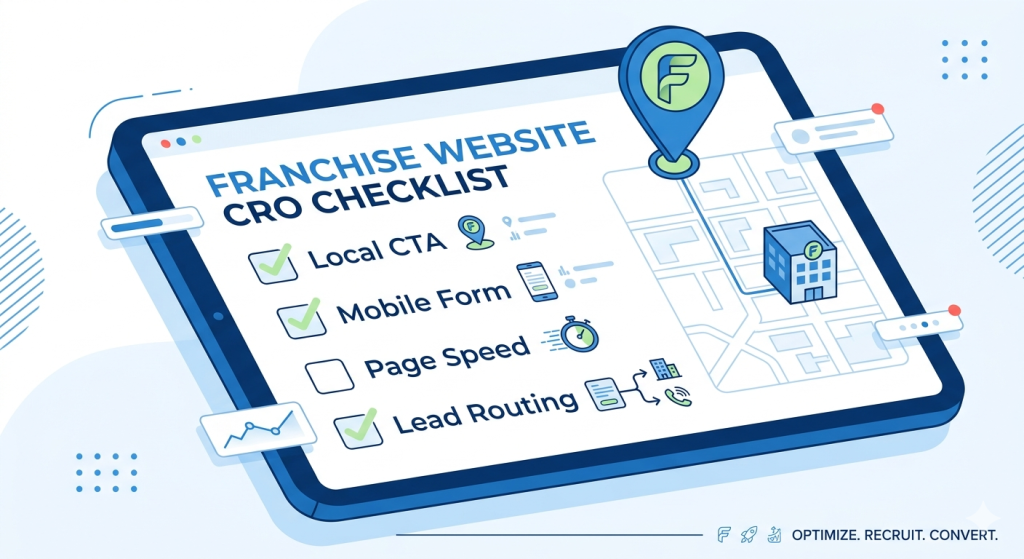 How to Design Franchise Websites That Convert Visitors Into Leads 2 Digital checklist illustration for franchise website CRO showing items including local CTA, mobile form optimization, page speed, and lead routing.